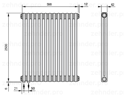 Схема (чертеж) Радиатор Zehnder Charleston 2250/13 №3370 Белый глянцевый RAL 9016